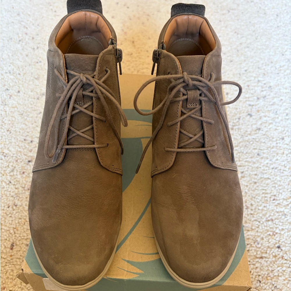 Clarks Taupe Suede Lace-Up Ankle Booties with Side Zip